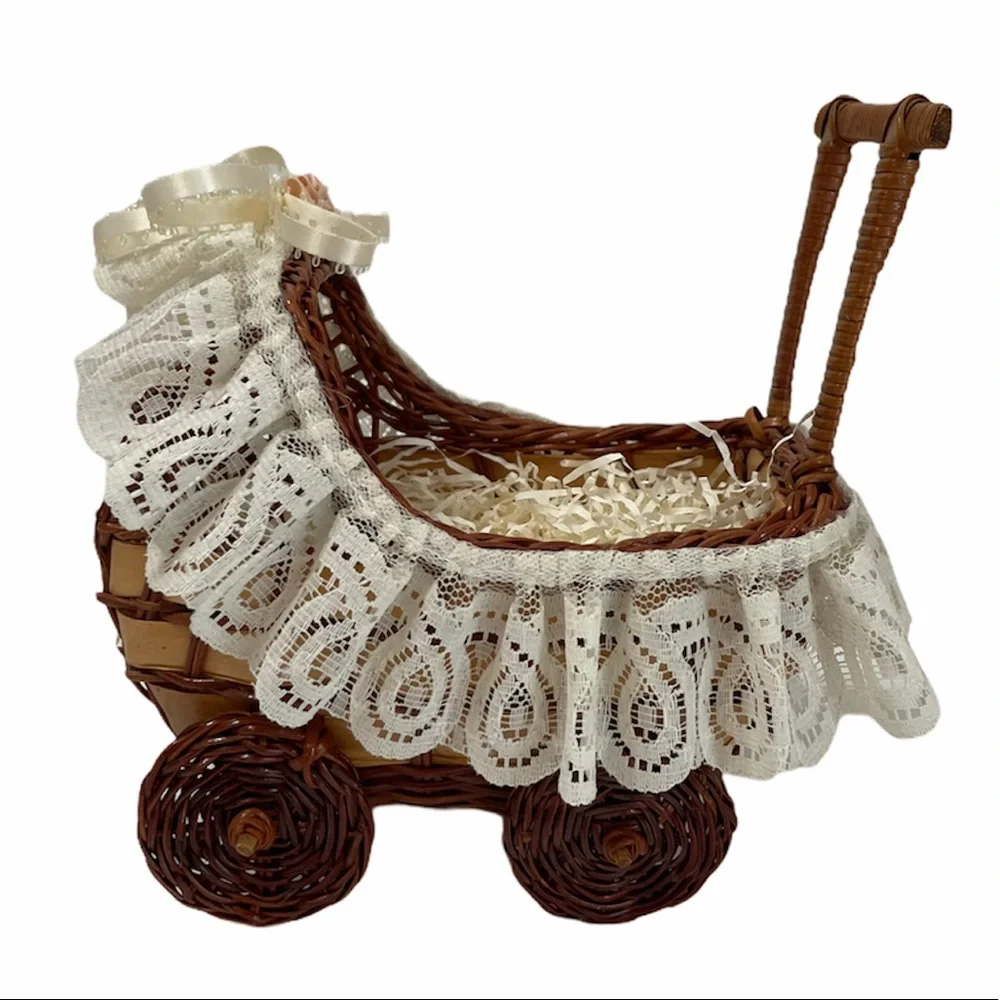 Vintage Basket Handcrafted Baby Carriage Ivory Lace Ribbon Rose Wicker Basket